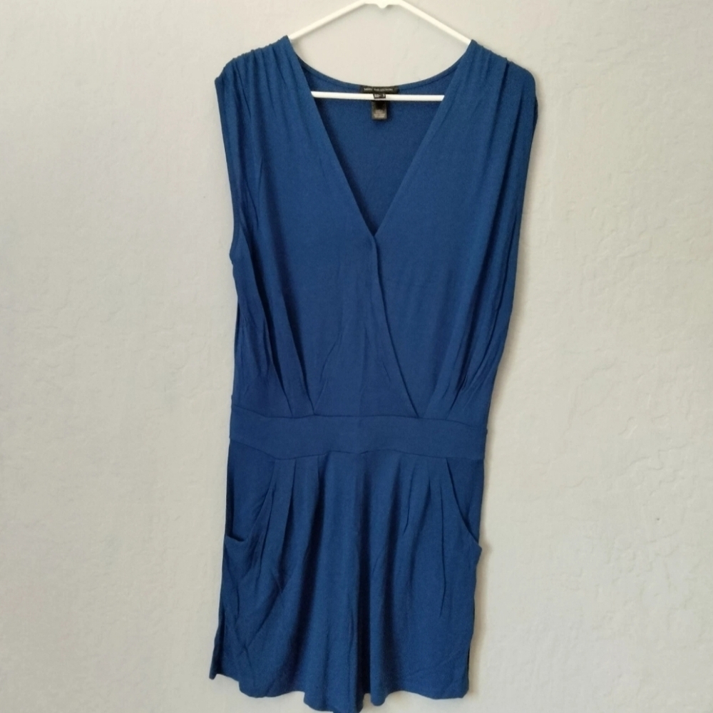 MNG Collection Mango Surplice V-Neck Wrap Front Blue Romper Shorts Women's Sz S
